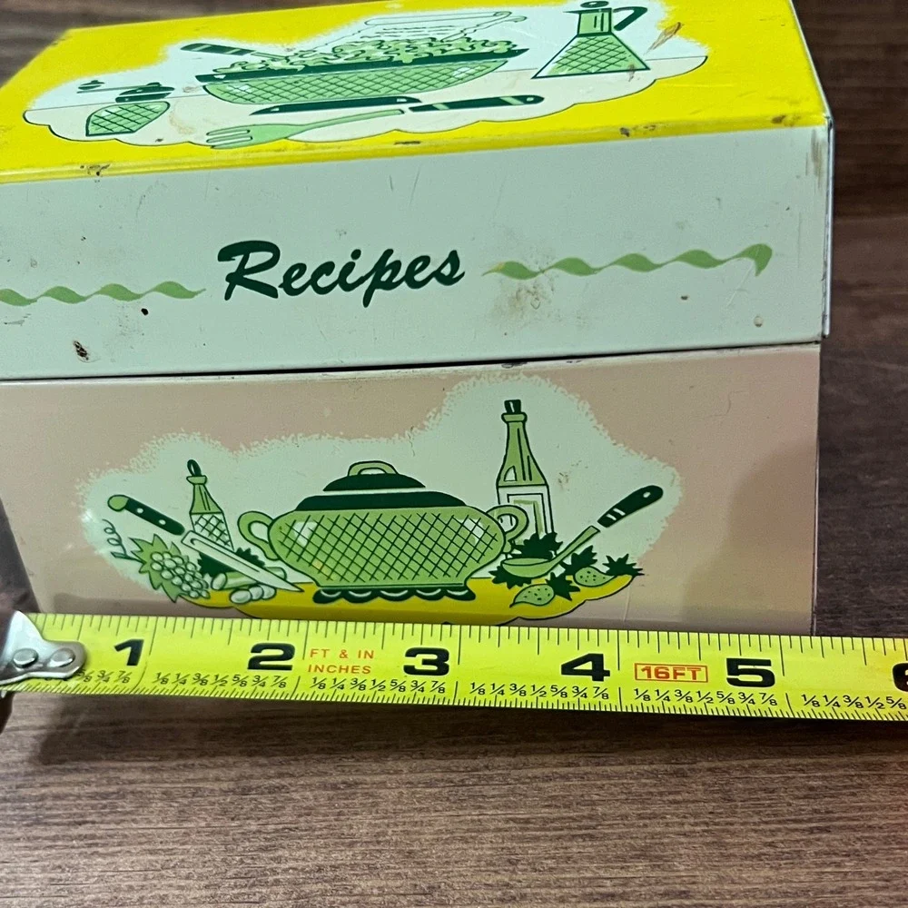 Vintage Ohio Art Co Metal Recipe Box Mid Century Kitchen Graphic Yellow Pink Tin